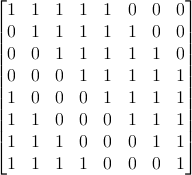 ⌊                       ⌋
1  1  1   1  1  0  0  0
||0  1  1   1  1  1  0  0||
||0  0  1   1  1  1  1  0||
|0  0  0   1  1  1  1  1|
||1  0  0   0  1  1  1  1||
||                       ||
|1  1  0   0  0  1  1  1|
⌈1  1  1   0  0  0  1  1⌉
1  1  1   1  0  0  0  1